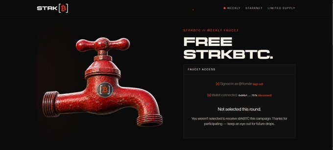 A promotional webpage for STAK featuring a red faucet, advertising 'FREE STAKBTC' via a 'STK BTC // WEEKLY FAUCET' with access options for sign-in and wallet connection.