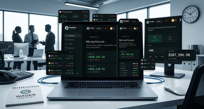 The image showcases a sleek, modern office workspace featuring multiple screens displaying "Predict" and "Wager Predict" dashboards with financial data, including figures like $207,596.90 and "+$19,197.42," alongside a "WAGER PREDICT" branded notebook. This visual reinforces the post's announcement of Wager Predict's rebrand, highlighting that despite the name change from Predict Protocol to Wager Predict (and the $PRED to $WP ticker transition), the platform's professional interface and core trading features remain intact.