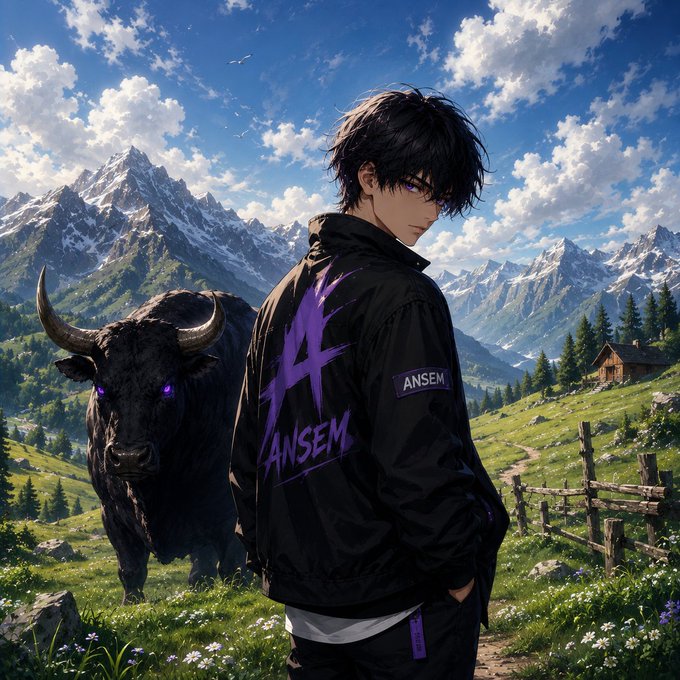 A young man with dark hair stands in a mountainous alpine landscape beside a large black bull with glowing purple eyes, wearing a black jacket emblazoned with "ANSEM" in bold purple lettering, with a smaller "ANSEM" patch on the sleeve. The imagery of the powerful bull and the prominent branding visually reinforces the post's message about $ANSEM as a strong, community-driven force in crypto with long-term value beyond short-term hype.