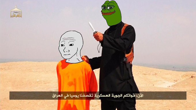 An Al Jazeera Arabic news segment showing a person in a black robe and a Pepe the Frog mask holding a knife behind a Wojak/Soyjak figure in an orange jumpsuit, with Arabic text about ISIS claiming attacks in Iraq.
