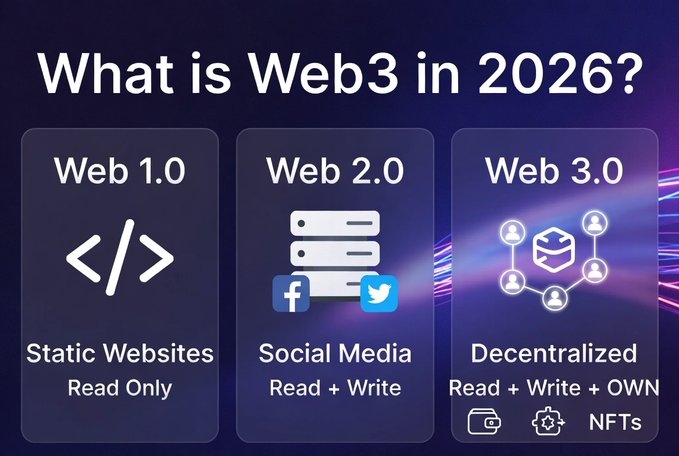 An infographic titled 'What is Web3 in 2026?' comparing Web 1.0 (Static Websites, Read Only), Web 2.0 (Social Media, Read + Write, with Facebook and Twitter logos), and Web 3.0 (Decentralized, Read + Write + OWN, featuring NFTs).