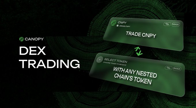 Promotional graphic for 'CANOPY DEX TRADING' featuring interface elements for trading CNPY with any nested chain's token.