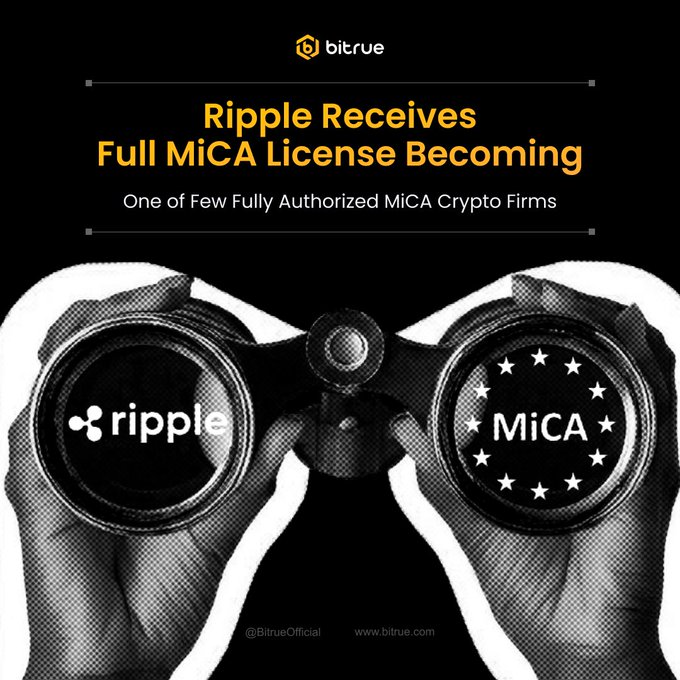 Bitrue promotional image reading 'Ripple Receives Full MiCA License Becoming One of Few Fully Authorized MiCA Crypto Firms', showing binoculars with the Ripple logo on one lens and MiCA's stars on the other.