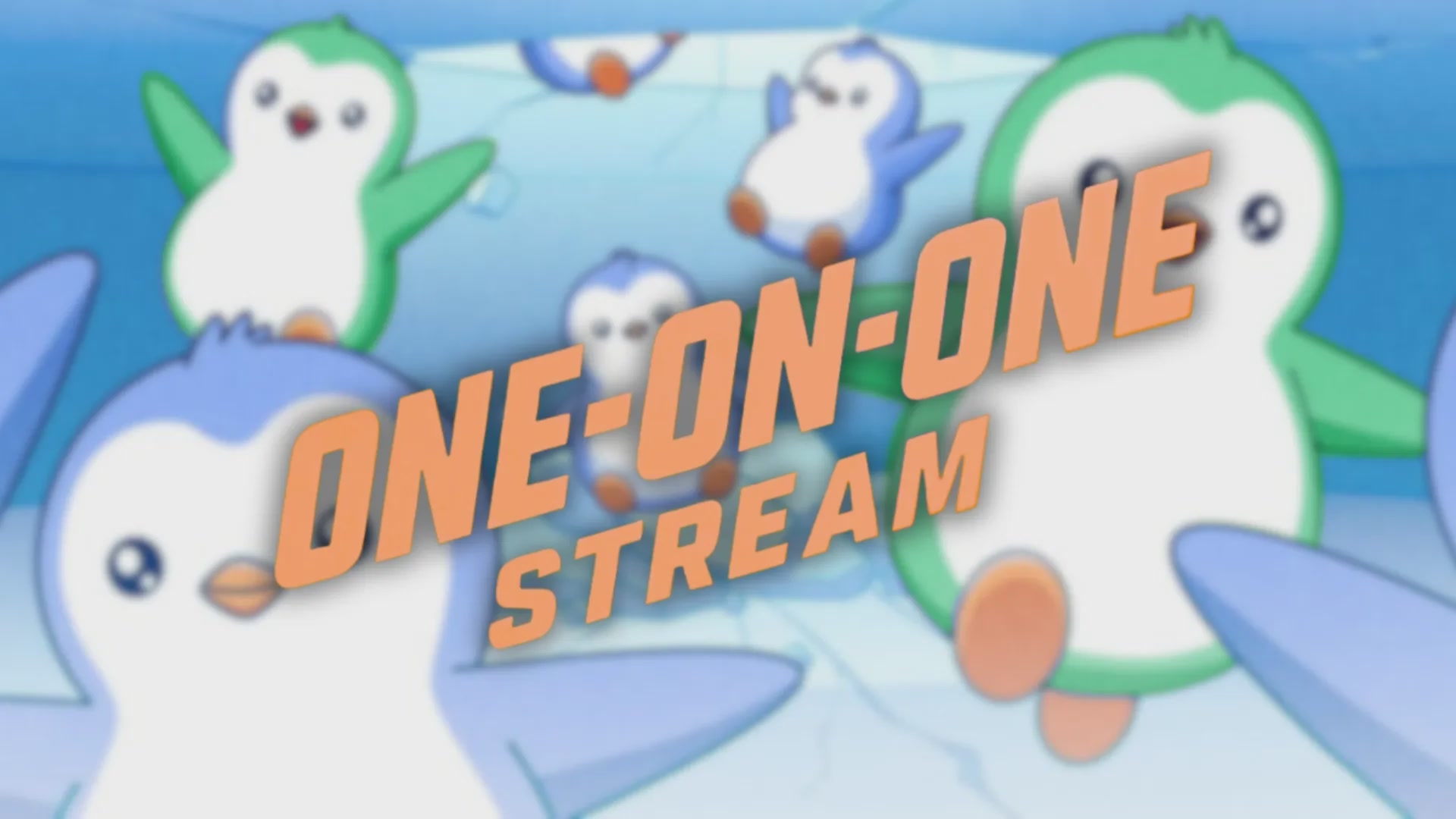 The image features a cartoon penguin sitting on its back with its arms and legs spread out, surrounded by other penguins. The text "One-on-one Stream" is written above the penguins, indicating that this is an advertisement for a streaming service featuring animated content.