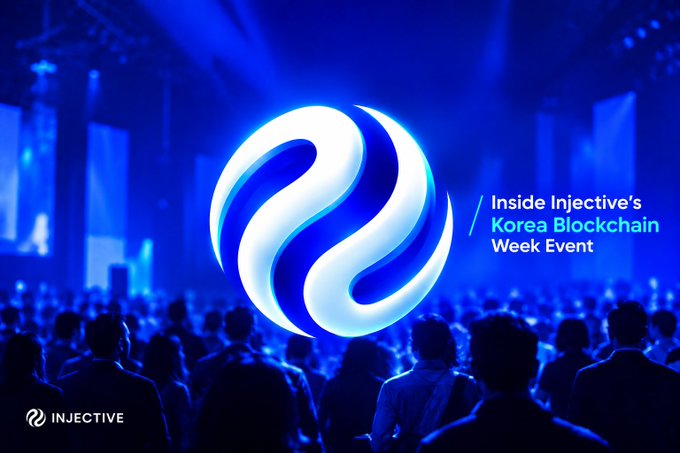 A promotional banner for Injective's Korea Blockchain Week event, featuring the Injective logo against a blue-lit conference backdrop with a crowd.