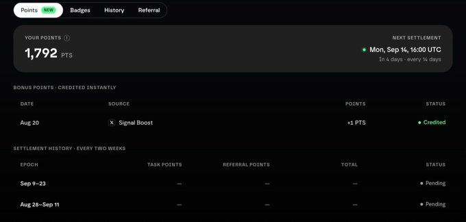 A Points dashboard showing 1,792 PTS total with next settlement on Mon, Sep 14, 16:00 UTC. It displays a bonus entry of +3 PTS from Signal Boost (Aug 20, Credited) and pending settlement history rows for Sep 9-23 and Aug 28-Sep 11.