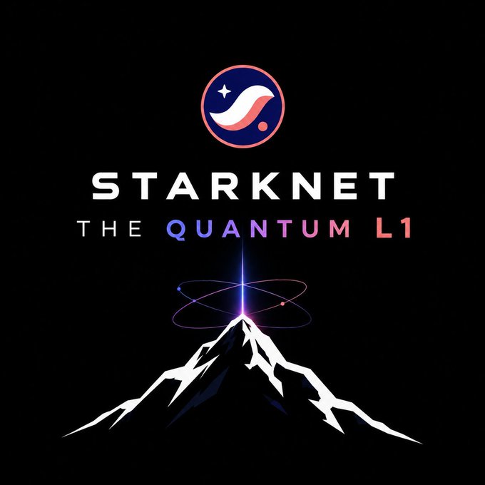 A Starknet promotional graphic on a black background featuring the logo and the tagline 'THE QUANTUM L1' above an illustration of a mountain with atomic orbits.