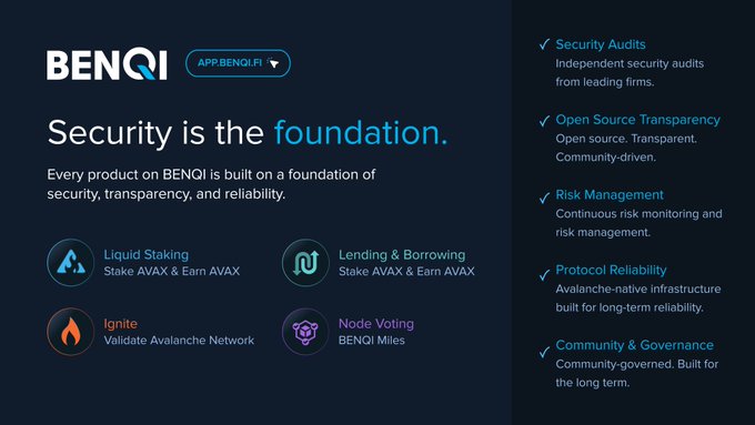 The image features a blue banner that reads "Security is the foundation" with various icons representing different aspects of security such as firewalls, antivirus software, and network monitoring tools. The text above the image states that "security starts with BENQI", which could be an advertisement for Benqi's security solutions or a reference to their early focus on security protocols.