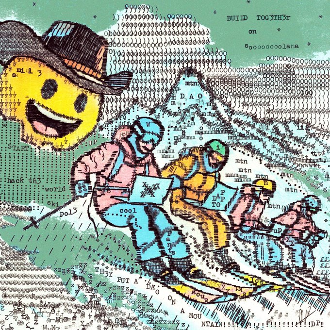 An artistic digital illustration with ASCII art background showing mountaineers on a snowy slope with a smiling sun wearing a hat, featuring text like 'BUID TOGETHr on Sooooooolana', 'DAO', and various crypto-related phrases.