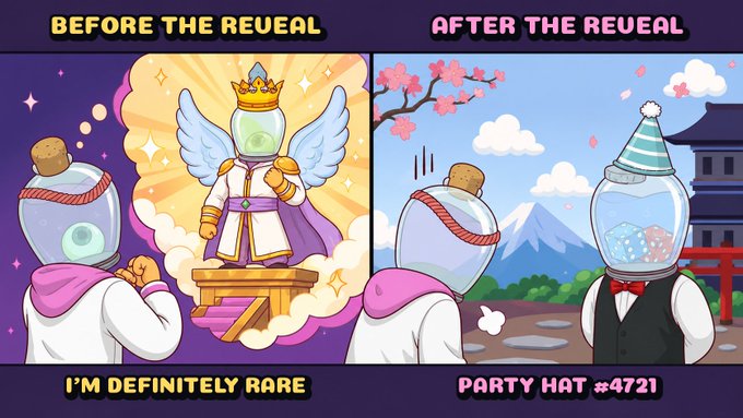 A two-panel meme titled "BEFORE THE REVEAL" and "AFTER THE REVEAL" humorously depicts a character imagining themselves as a rare, winged crowned NFT before a reveal, only to be disappointed as "PARTY HAT #4721" — poking fun at NFT hype and the randomness of reveals.