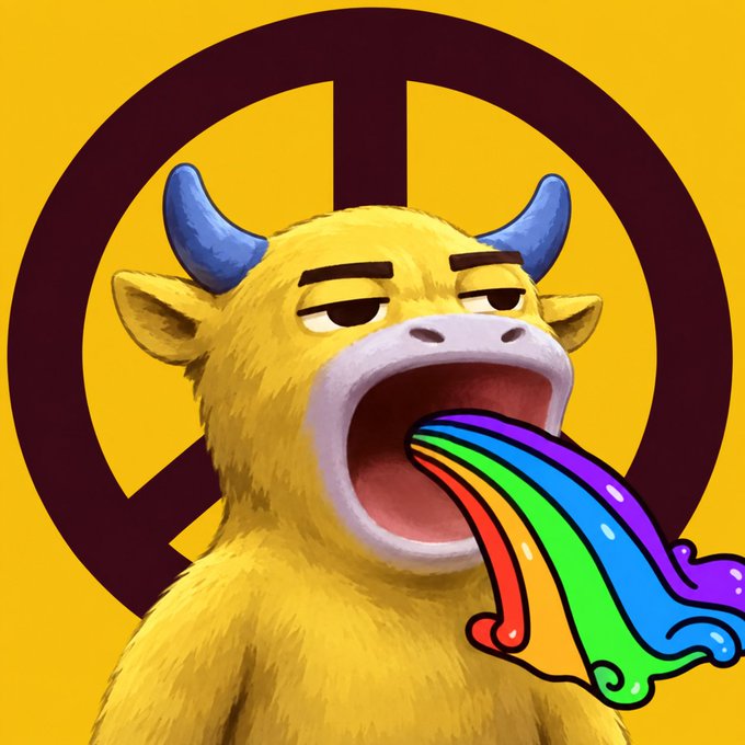A stylized digital illustration of a yellow, horned creature vomiting a rainbow stream, set against a yellow background with a dark circular symbol.