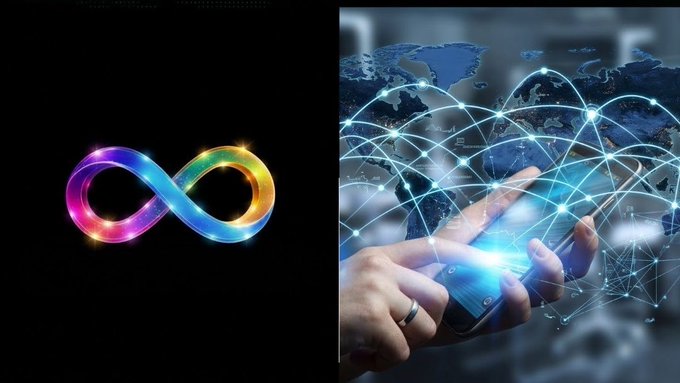 Split image showing a colorful rainbow infinity symbol logo on a black background on the left, and on the right, a hand holding a smartphone overlaid with a glowing digital world map and connectivity network.
