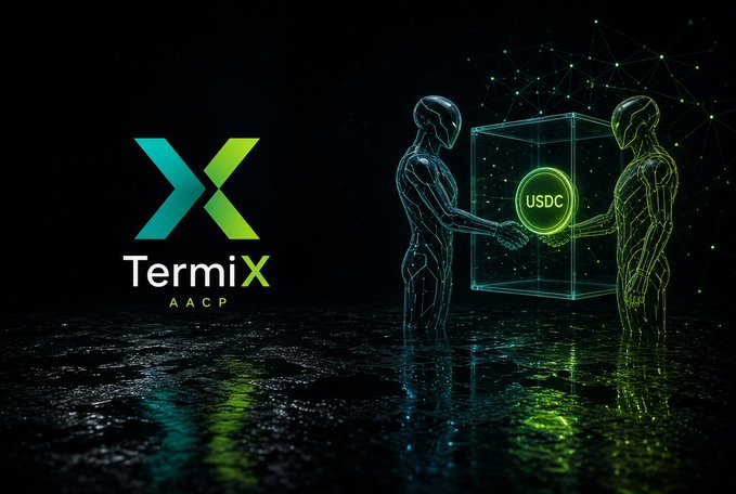 A promotional image for 'TermiX AACP' featuring its green X logo on the left, alongside digital figures shaking hands around a floating cube displaying 'USDC' against a dark, tech-inspired background.