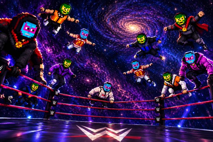 A surreal wrestling ring scene set in a galaxy where multiple blocky, pixelated characters with masks are mid-air, with the WWE logo on the mat.
