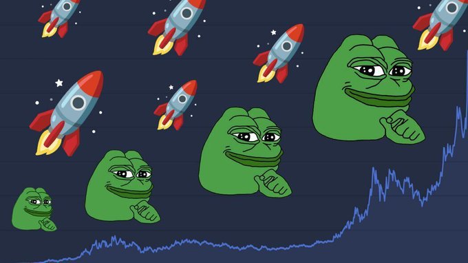 A meme illustration showing multiple Pepe the Frog characters with rockets flying upward alongside a rising line graph on a dark blue background.