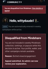 A screenshot from the community platform CohutTV showing a disqualification notice from Mindshare stating the user 'Hello, wittydydude1' is automatically entered in weekly campaigns and has been disqualified for reasons of 'Botted views/engagement'.