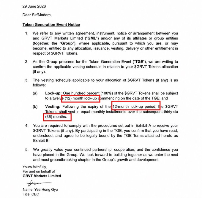 A Token Generation Event Notice from GRVT Markets Limited dated 29 June 2026, signed by CEO Yea Hong Gyu, outlines a vesting schedule with a 12-month lock-up followed by equal monthly vesting over 36 months for $GRVT Tokens.