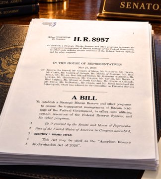 The image shows a printed copy of "H.R. 8957," a bill titled "BITCOIN Act of 2024," which seeks to establish a Strategic Bitcoin Reserve and other programs to ensure the transparent management of Federal Bitcoin holdings. The accompanying post highlights that this bill is scheduled for House committee consideration this week, reflecting its relevance to the legislation pictured.