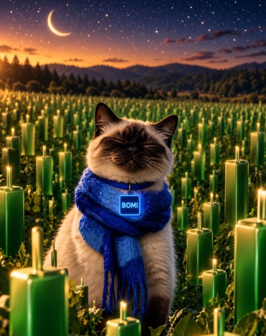 A Siamese cat wearing a blue scarf with a 'BOMI' tag sits in a field of glowing green candles under a starry sky with a crescent moon.