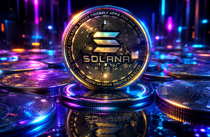 A close-up of a gold Solana cryptocurrency coin with 'SOLANA' written on it, surrounded by other coins against a colorful neon background.