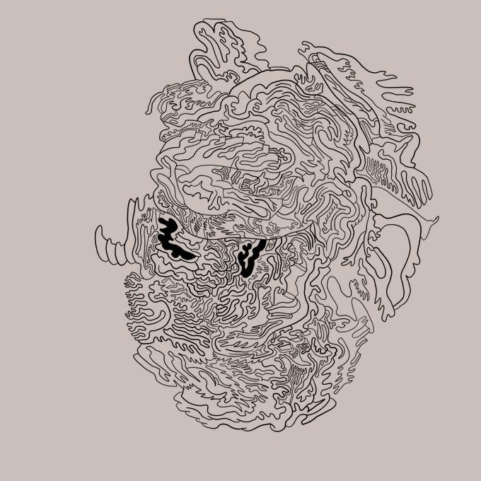 A black and white abstract line drawing featuring swirling, contour-like patterns that form a vague face-like shape with dark eye-like voids, complementing the post's reference to generative art on the objkt.com platform.
