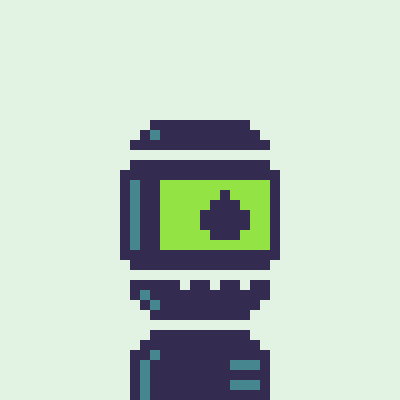 Pixel art illustration of a green and dark blue device or character on a mint background.