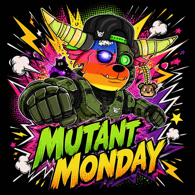 A vibrant pop-art style graphic features a rainbow-colored dog character wearing a black cap, tactical gear, and a cybernetic eye, with the bold text "MUTANT MONDAY" displayed below.