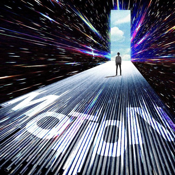 A stylized digital artwork depicts a solitary figure standing on a metallic runway surrounded by radiating, colorful light streaks like a warp-speed tunnel, leading toward a small opening of sky.