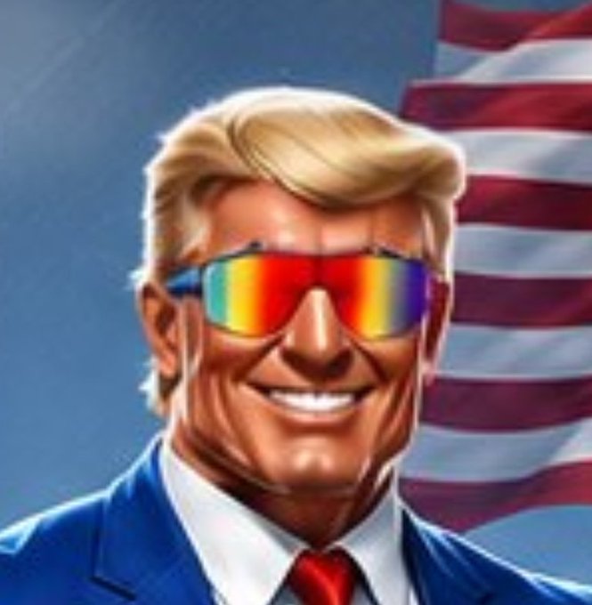 A stylized cartoon portrait of a smiling blonde man wearing rainbow-tinted sunglasses and a blue suit with a red tie, set against an American flag background. The vibrant, patriotic, and meme-like imagery pairs with the "mog coin #yup" post to convey a satirical, over-the-top crypto hype vibe.