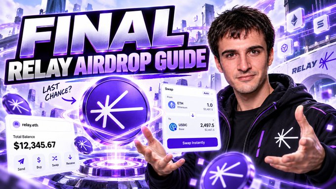 A YouTube thumbnail titled 'FINAL RELAY AIRDROP GUIDE' featuring a man presenting crypto swap details, with $12,345.67 total balance displayed for relay.eth.