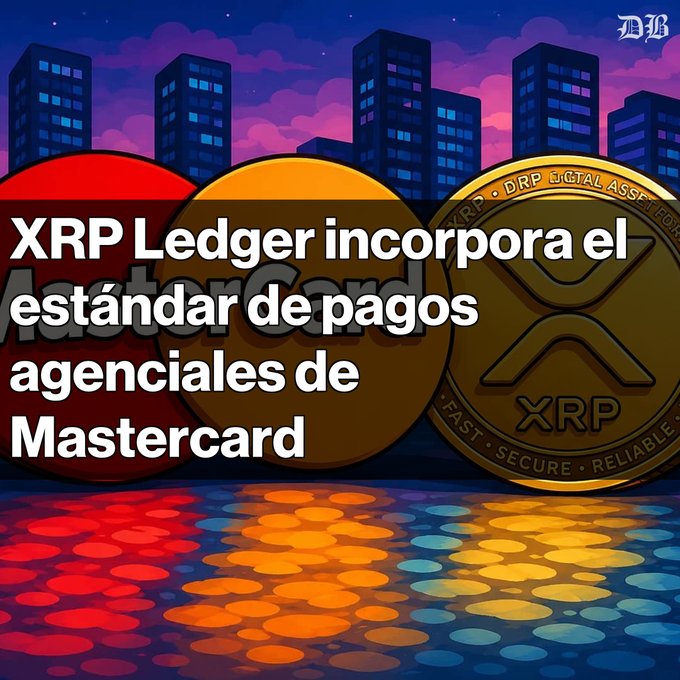 A crypto news graphic with text in Spanish reading 'XRP Ledger incorpora el estándar de pagos agenciales de Mastercard,' overlaid on an illustration of a cityscape and large XRP and digital asset coins.