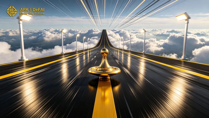 The image features an abstract representation of a road that leads towards the sky, with a golden object at the end of the road. The road appears to be made of black asphalt or concrete, and there are several street lights along its length. The background is filled with clouds, creating a sense of depth in the scene.

The image also contains text that reads "ARKI AI App" and "Arkie AI App is the road we are building for the AI Agent era." This suggests that the golden object at the end of the road might be related to an AI project or application called Arkie AI, which could potentially revolutionize the way people interact with technology.