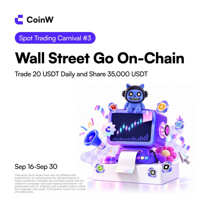 A CoinW promotional graphic for 'Spot Trading Carnival #3' titled 'Wall Street Go On-Chain,' offering to trade 20 USDT daily and share 35,000 USDT from Sep 16-Sep 30.