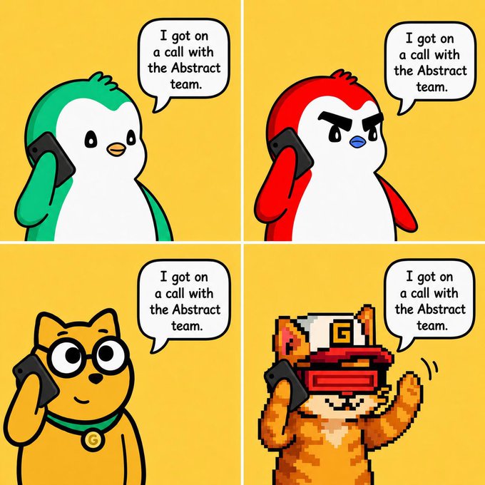 Four-panel cartoon featuring a penguin, red bird, cat with glasses, and pixelated fox, each on a phone call saying 'I got on a call with the Abstract team.'
