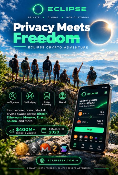 An advertisement for 'ECLIPSE' cryptocurrency features the slogan 'Privacy Meets Freedom,' showing people overlooking mountains with a phone displaying the Eclipse crypto app and supported coins including Bitcoin, Ethereum, Monero, and Zcash.
