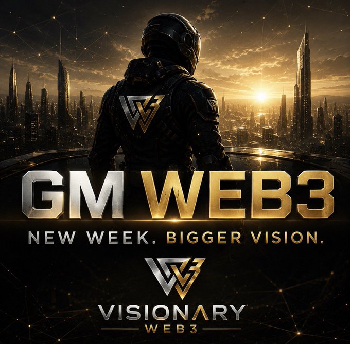 Promotional graphic featuring a futuristic armored figure overlooking a cityscape with text 'GM WEB3 - NEW WEEK. BIGGER VISION.' and the 'VISIONARY WEB3' logo.