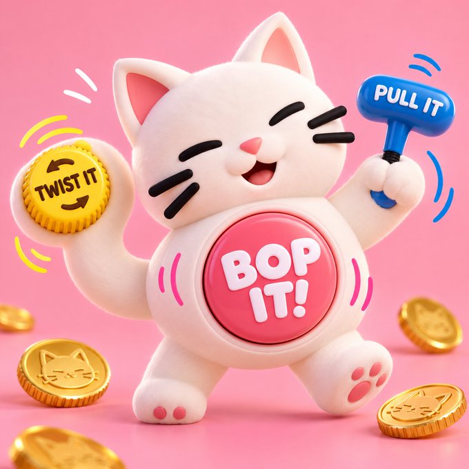 A 3D rendered pink and white cartoon cat character holds a gold 'TWIST IT' coin in one paw and a blue 'PULL IT' hammer in the other, with a large pink 'BOP IT!' button on its belly, surrounded by gold coins on a pink background.