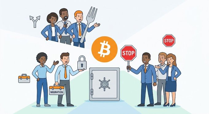 A cartoon illustration contrasts two groups of business people—on the left, figures discuss a Bitcoin symbol and a locked "MIGRATION" briefcase representing solutions to quantum threats, while on the right, a group holds "STOP" signs depicting resistance to change, visually capturing the debate over addressing Bitcoin's quantum vulnerability that Satoshi Nakamoto first addressed in 2010.