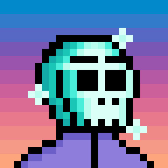 A pixel art skeleton with cyan hair stands against a retro sunset gradient background, embodying the "MONKE SZN" crypto NFT hype referenced in the post about a "Skull Diamond MONKE" collectible purchased for 0.3 ETH.