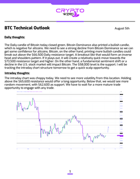 A 'CRYPTO WEEKLY' BTC Technical Outlook newsletter from August 5th analyzing Bitcoin's price decline, resistance levels, and potential market sentiment shifts.