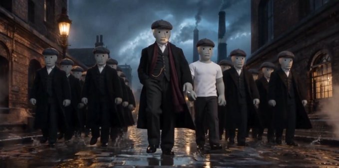 A group of identical figures dressed in dark, old-fashioned suits and flat caps walk down a dimly lit, foggy street, led by a central figure in a black coat and scarf beside a man in a white shirt—visually embodying the post's message that "we are all $NPC" while highlighting those who stand out, unaware of their role. The synchronized, uniform appearance of the crowd reinforces the concept of the NPC meme, contrasting with the lone individual in white who may represent someone questioning the illusion.