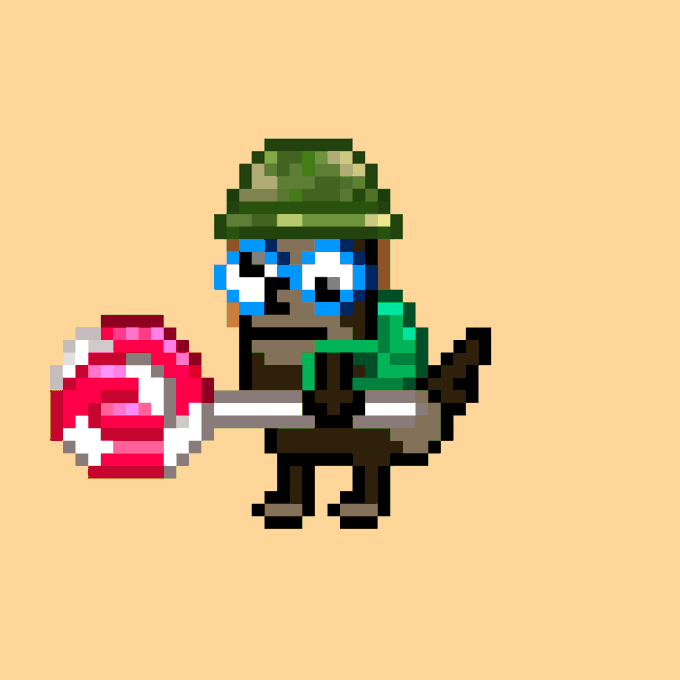A pixel art character wearing a green hat and blue goggles, holding a large red and white lollipop candy against a tan background.