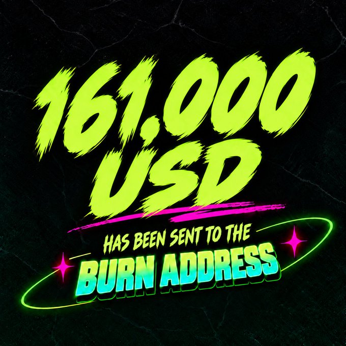 The graphic displays bold neon green and pink text reading "161,000 USD HAS BEEN SENT TO THE BURN ADDRESS" on a dark marble-textured background, visually reinforcing the post's announcement about the token burn transaction for $BNCB/$BWHEEL.