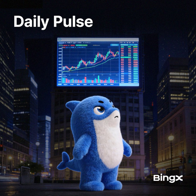 A fluffy blue shark mascot stands in a nighttime cityscape before a glowing stock/crypto chart, with "Daily Pulse" and "BingX" branding highlighting key market data on spot BTC ETFs and ZEC's breakout.