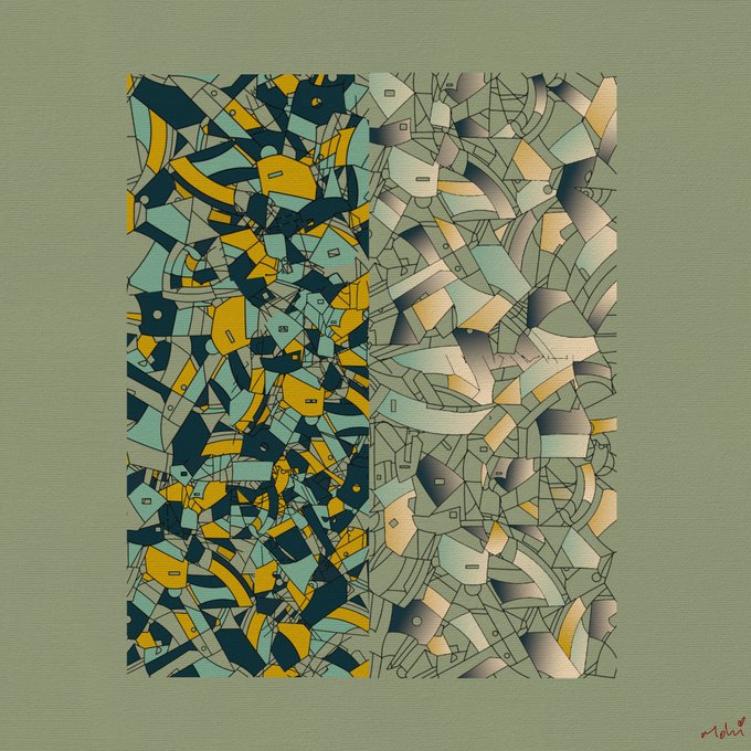 An abstract artwork divided into two halves—one featuring geometric shapes in yellow, blue, and dark tones, the other in muted greens and grays—on a sage green background with a red signature.