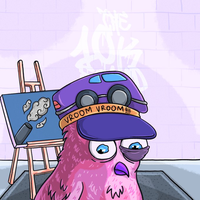 A purple, fuzzy cartoon character with large blue eyes wears a cap designed like a purple car with the text "VROOM VROOM!!!" on its brim, displayed alongside a hand-drawn canvas and easel. The text "THE 10K SQUAD" appears as graffiti on the brick wall behind it. The whimsical, playful artwork matches the post's praise for its funny, detailed hand-drawn style.