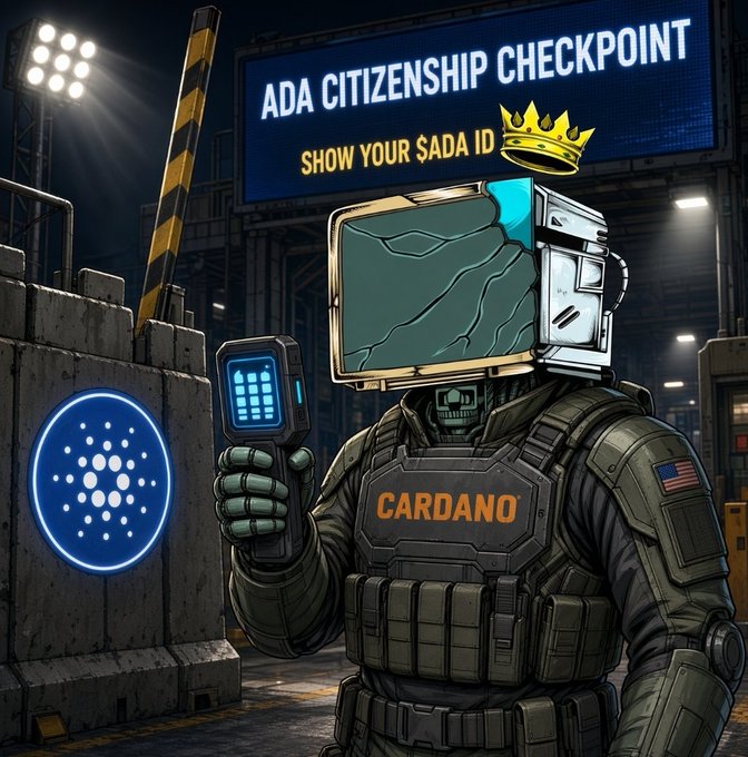 A digital illustration of a soldier wearing a television for a head at an 'ADA CITIZENSHIP CHECKPOINT', holding a scanner with the Cardano logo, wearing a vest labeled 'CARDANO'.