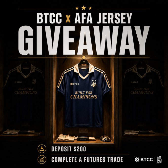 A promotional poster for a 'BTCC X AFA JERSEY GIVEAWAY' featuring an Argentina AFA soccer jersey with 'BUILT FOR CHAMPIONS' text, requiring a $200 deposit and completion of a futures trade.