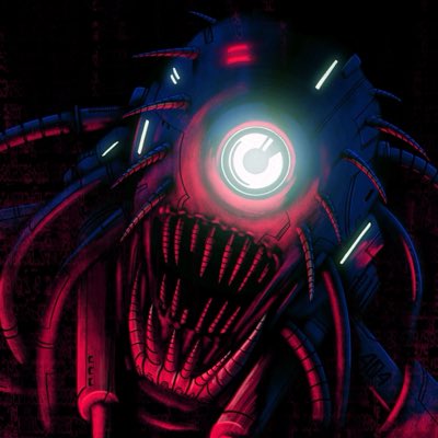 A dark, menacing mechanical illustration featuring a glowing central eye and red illuminated details against a black background.