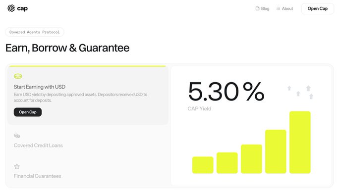 The Cap (Covered Agents Protocol) website homepage displaying 'Earn, Borrow & Guarantee' with a 5.30% CAP Yield and options for USD deposits, Covered Credit Loans, and Financial Guarantees.